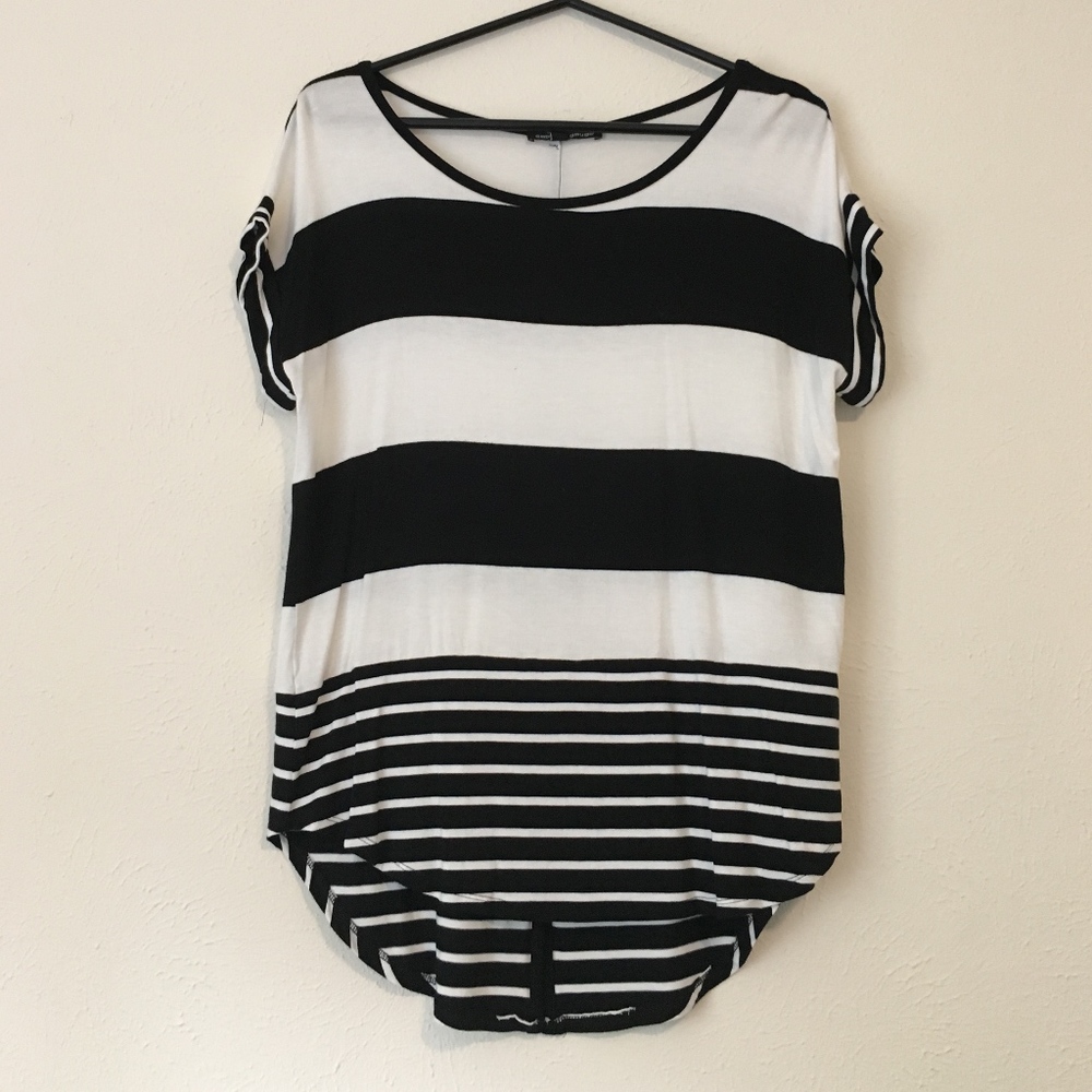 Cable & Gauge Black and White Striped Button Tee